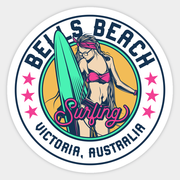 Retro Surfer Babe Badge Bells Beach Victoria, Australia Sticker by Now Boarding